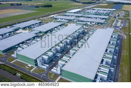 Middenmeer, The Netherlands - 9 Augustus 2021: Drone Aerial View Of New Microsoft Datacenters . The 