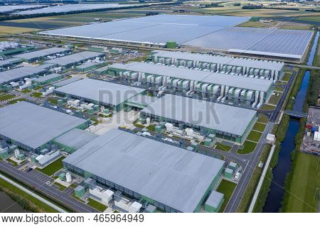 Middenmeer, The Netherlands - 9 Augustus 2021: Drone Aerial View Of New Microsoft Datacenters . The 