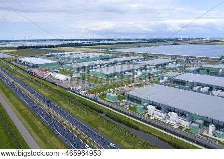 Middenmeer, The Netherlands - 9 Augustus 2021: Drone Aerial View Of New Microsoft Datacenters . The 