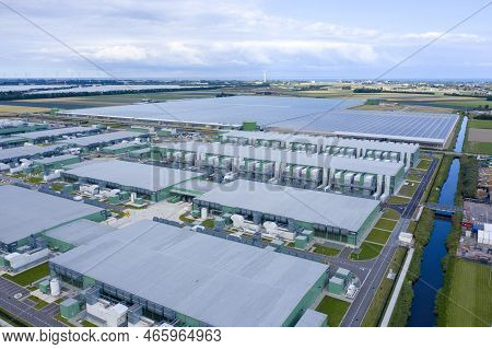 Middenmeer, The Netherlands - 9 Augustus 2021: Drone Aerial View Of New Microsoft Datacenters . The 