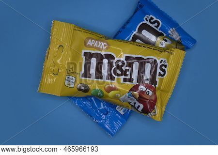 March 29, 2022 Ukraine City Kyiv Candy M And Ms On A Colored Background