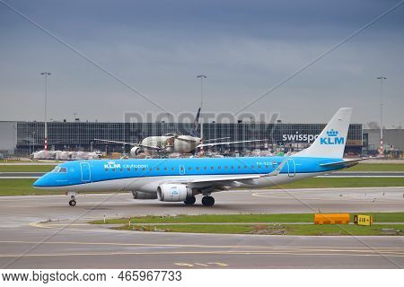 Amsterdam, Netherlands - December 6, 2018: Klm Embraer E190 At Schiphol Airport In Amsterdam. Schiph