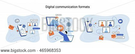 Digital Communication Formats Metaphor, Content Online Data And Social Media Streaming. Abstract Mod