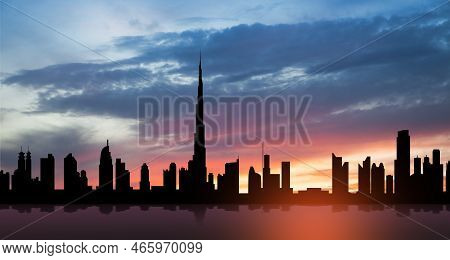 United Arab Emirates, Dubai Skyline View At Sunset. Uae Celebration. National Day, Flag Day, Commemo