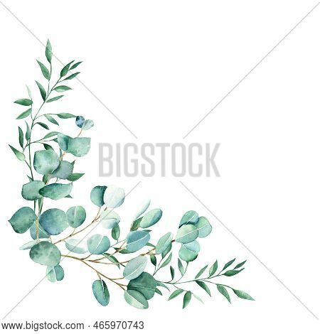 Watercolor Foliage Bouquet, Corner. Eucalyptus And Pistachio Branches. Hand Drawn Botanical Illustra