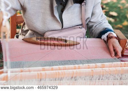 Woman Works With A Loom, Close Up