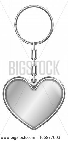 Steel Heart Trinket. Realistic Keychain With Metal Ring Isolated On White Background
