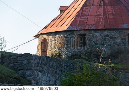 Korela Fortress In Priozersk, Russia. Stone Tower With Stonework Close-up. Tower And Fortifications.