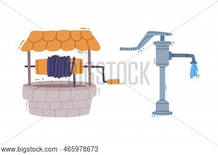 Water Well And Tap With Dripping Pure Drinking Liquid Vector Set