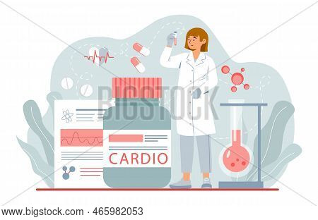 Healthcare Doctor Idea. Girl In Medical Gown Evaluates Medicines And Preparations. Specialist Assign