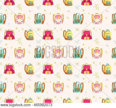Seamless Pattern With Backpacks. Repeating Design Element For Printing On Fabric. September 1 And In