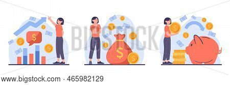 Money Savings Set. Financial Literacy And Savings, Characters With Piggy Bank, Collection Of Scenes 