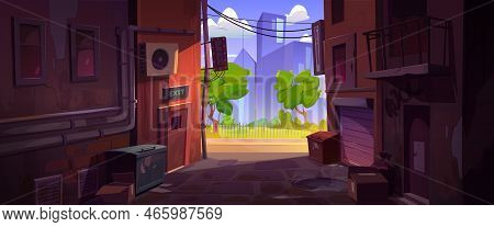 Empty Back Alley And City Street With Houses At Summer. Town Landscape With Alleyway Between Old Bui