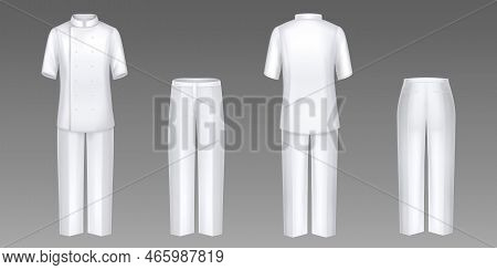 Chef Clothes, White Jacket And Pants, Cook Uniform, Shirt And Trousers Front And Rear View. Isolated