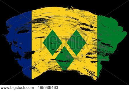 Saint Vincent And The Grenadines Flag On Distressed Black Stroke Brush Background