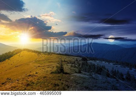 Green Nature Environment Of Trascarpathia At Twilight. Day And Night Time Change Concept. Scenery In