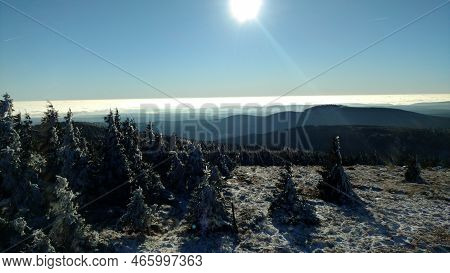 Brocken Steam Locomotice Running Up Hill Winter Blue Sky