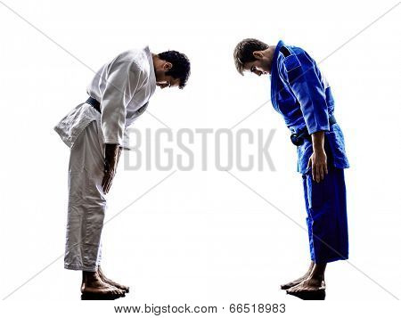 two judokas fighters fighting men in silhouette on white background