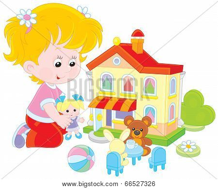 Girl with a doll and toy house