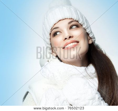 closeup portrait of attractive  caucasian smiling woman brunette isolated on white studio shot lips toothy smile face hair head and shoulders winter christmas