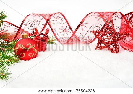 Red Christmas Baubles With Red Star And Needles Fir And Ribbon O