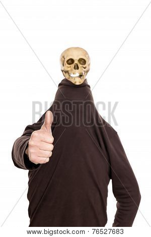 Hidden Man With Witty Skull On His Head, Thumbs Up
