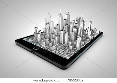 City hologram on a tablet over neutral background, 3D illustration