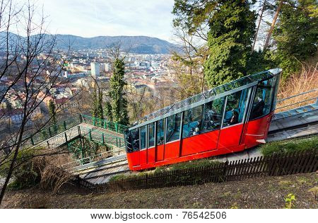 Funicular Climbing To Schlossberg And Graz City Panoramic View