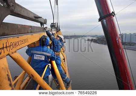 Working Jib Of Tower Crane Is Installed  With Mobile Crane.