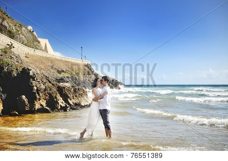 Beautiful Happy Couple Together Embracing On The Beach, Sperlonga, Italy