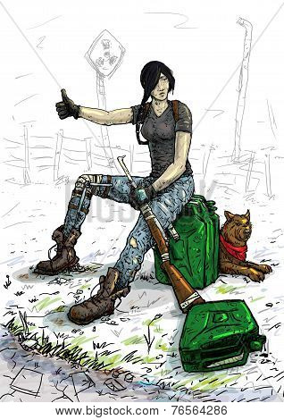 Girl Sitting On The Canister With Fuel