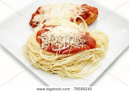 Chicken Parmesan With Spaghetti, Sauce And Cheese