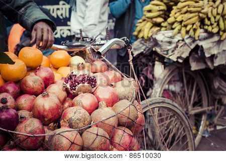 The Hawker Sell His Fruits In Thamel In Katmandu, Nepal.