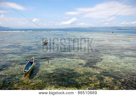 Fishing Boats At Ocean Bay Near Coast Indonesia