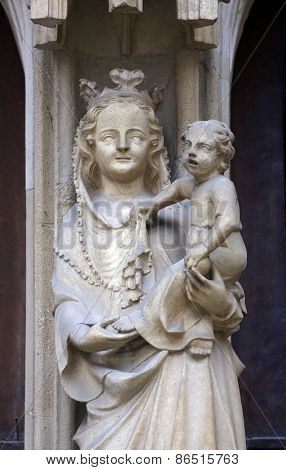 VIENNA, AUSTRIA - OCTOBER 11: Virgin Mary statue from west portal of Minoriten gothic church on October 11, 2014 Vienna.