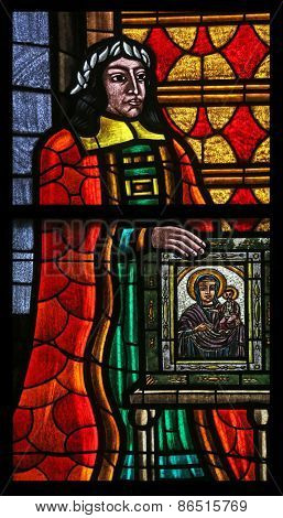 VIENNA, AUSTRIA - OCTOBER 11: Stained glass in Votiv Kirche (The Votive Church). It is a neo-Gothic church located on the Ringstrabe in Vienna, Austria on October 11, 2014