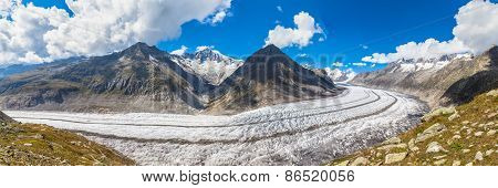 Panorama View Of The Aletsch Glacier On Mountains