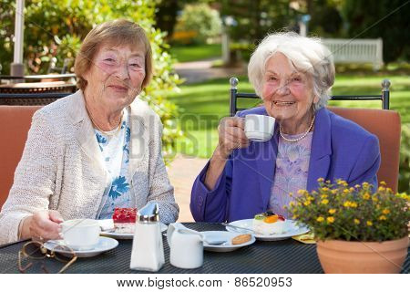 Senior Women Having Coffee At The Garden Table