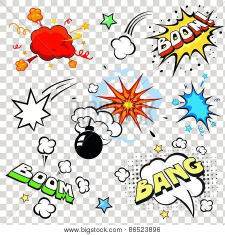 Comic speech bubbles in pop art style with bomb cartoon explosion bang boom text set vector illustra
