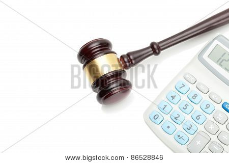 Wooden Judge's Gavel And Calculator