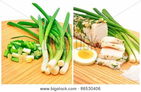 Smoked Suet And Lard Slices, Green Onion, Salt And Boiled Eggs On The Board