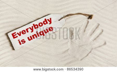 Everybody is unique: Hand print with text for mental and individual concepts for body, mind and soul. 