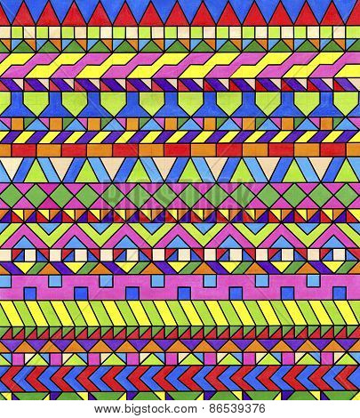 Colorful geometric patterns. Decorative motifs of colored triangles, squares, rectangles, and rhombu