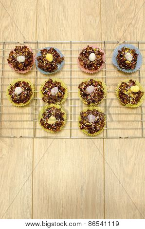 Aerial View Of Easter Cake Treats Arranged On A Cooling Rack