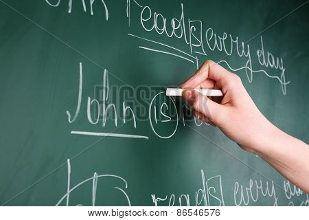Teacher hand writing grammar sentences on blackboard background