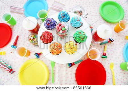 Prepared birthday table with sweets for children party