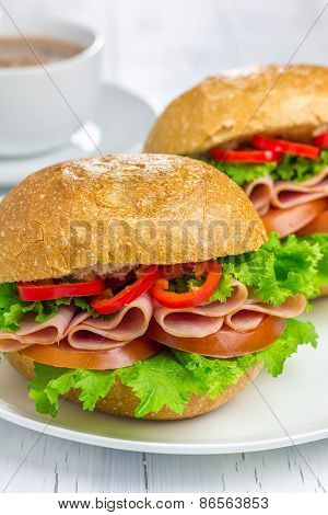 Healthy Sandwiches With Ham And A Cup Of Hot Chocolate