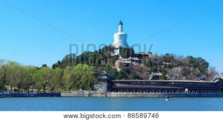 Beihai park panorama with historical architecture in Beijing