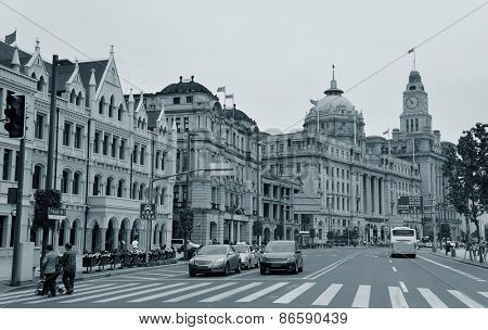 Old buildings and street view in Waitan of Shanghai in black and white