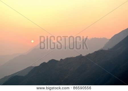 Beautiful sunset over mountains in Mutianyu, Beijing, China
